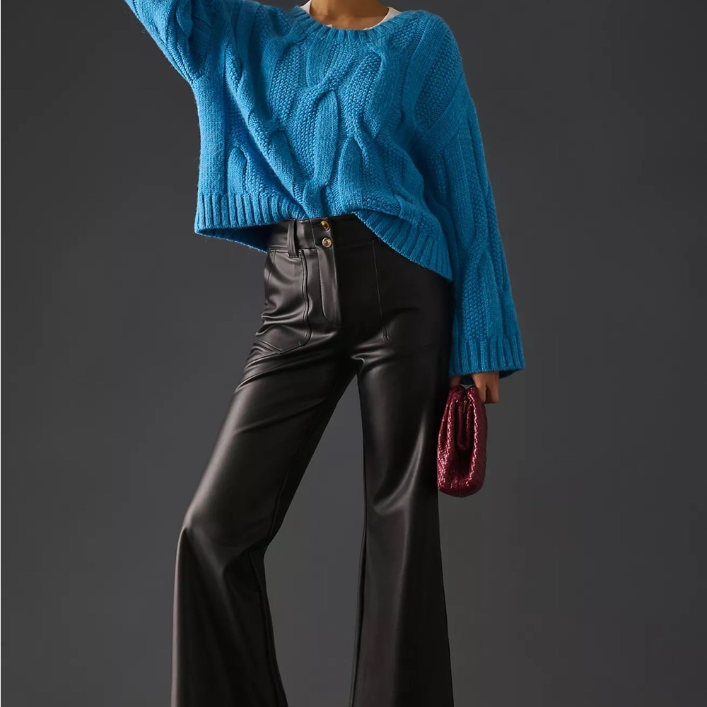 Anthropologie Maeve Black Faux Leather Wide-Leg Flare Pants The Naomi Size 4